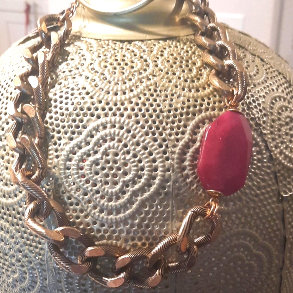 Purple Stone Bronze Chain Link Bib Necklace 💜